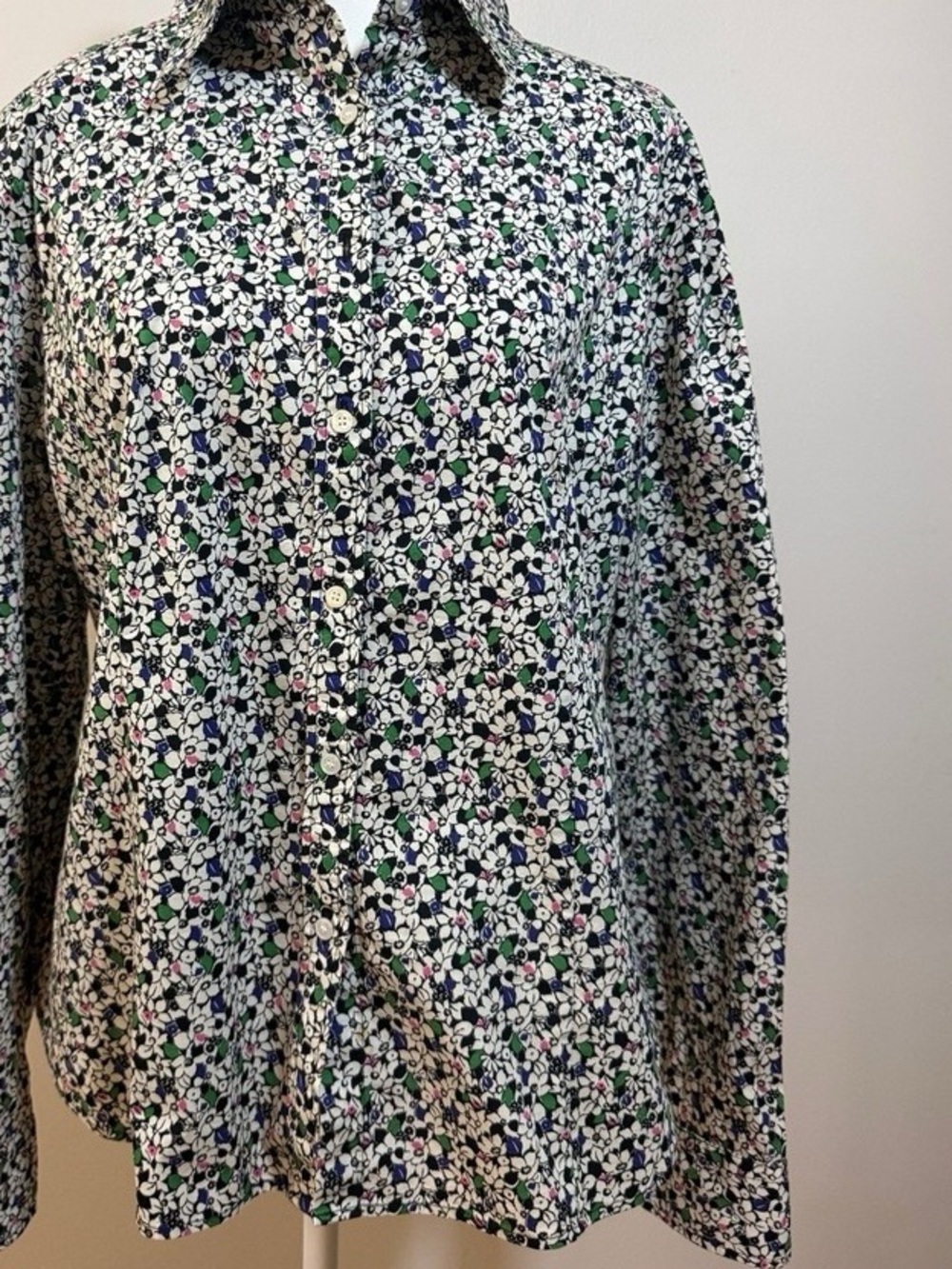 Men's Floral Button-Up Shirt - White with Green & Navy Accents